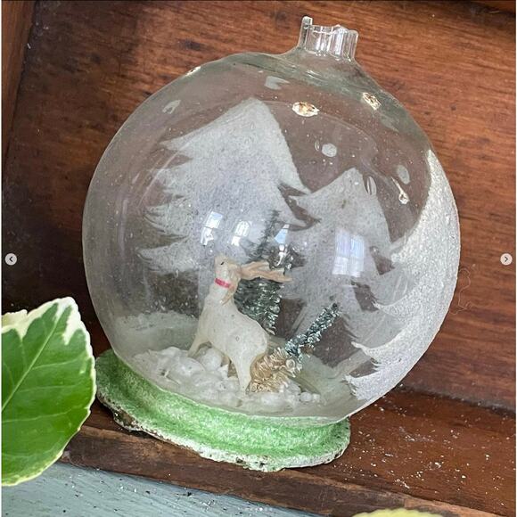 Vintage Round Glass Diorama Ornament Reindeer Bottlebrush Trees Mica MISSING CAP - Picture 4 of 6